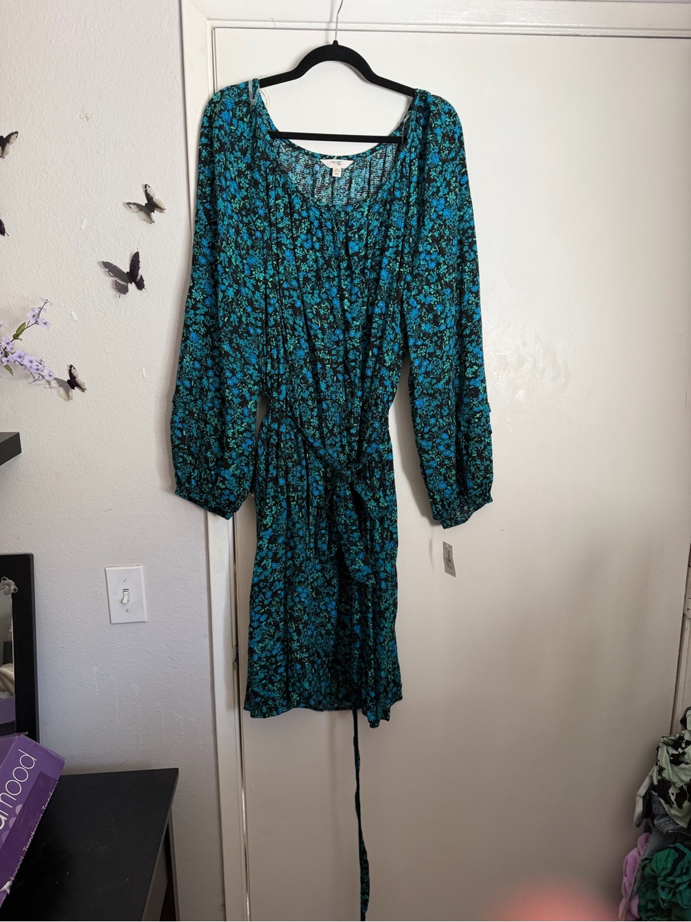 Terra & Sky Teal and Black Floral Long-Sleeve Wrap Dress